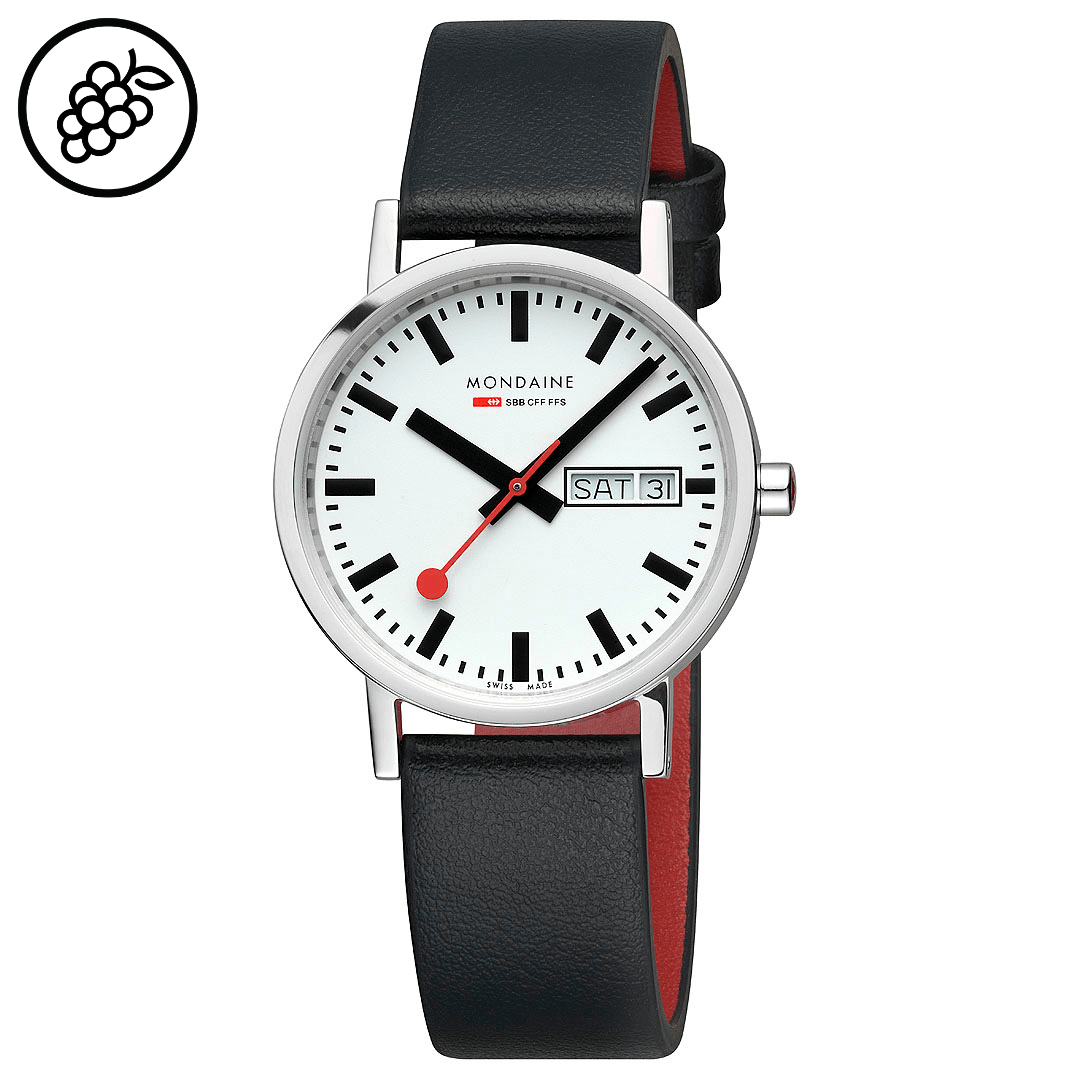 Mondaine Watch | Vegan Grape Leather Classic Day Date 36mm Watch Mondaine Watch | Vegan Grape Leather Classic Day Date 36mm Watch